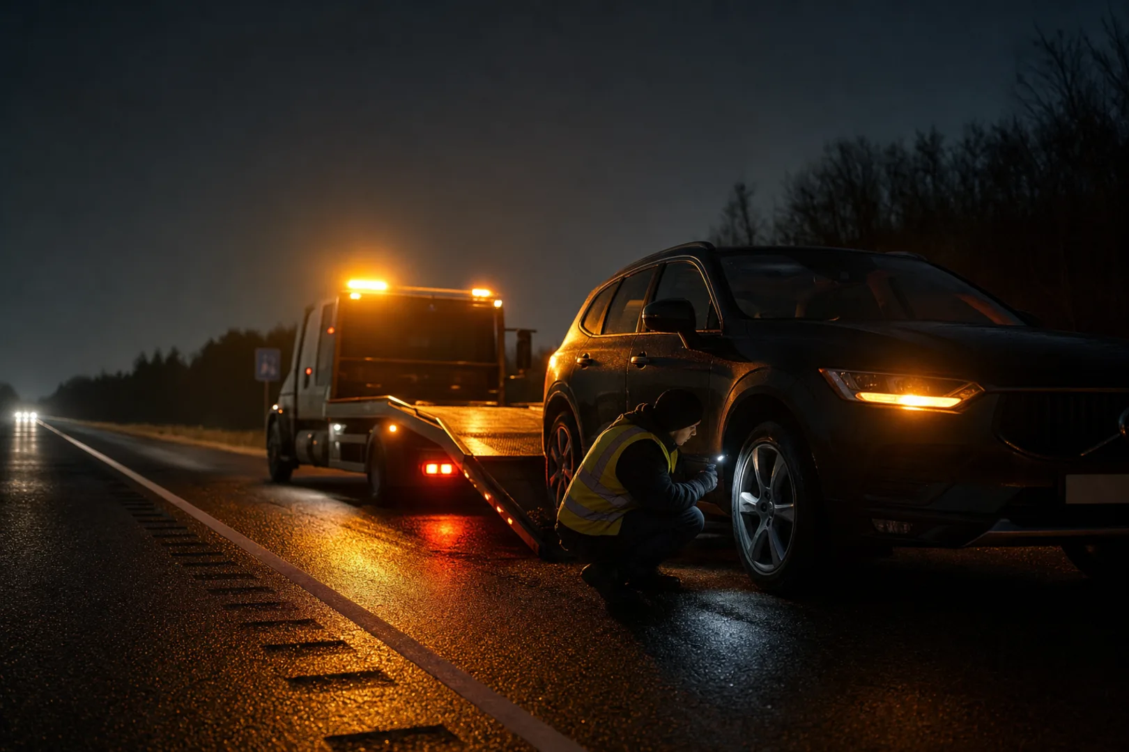 A roadside assistance technician inspecting a stranded car's wheel at night with a tow truck's amber lights glowing behind it
