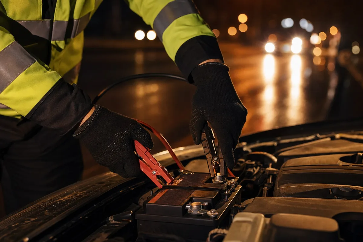Technician connecting jumper cables to a car battery at night