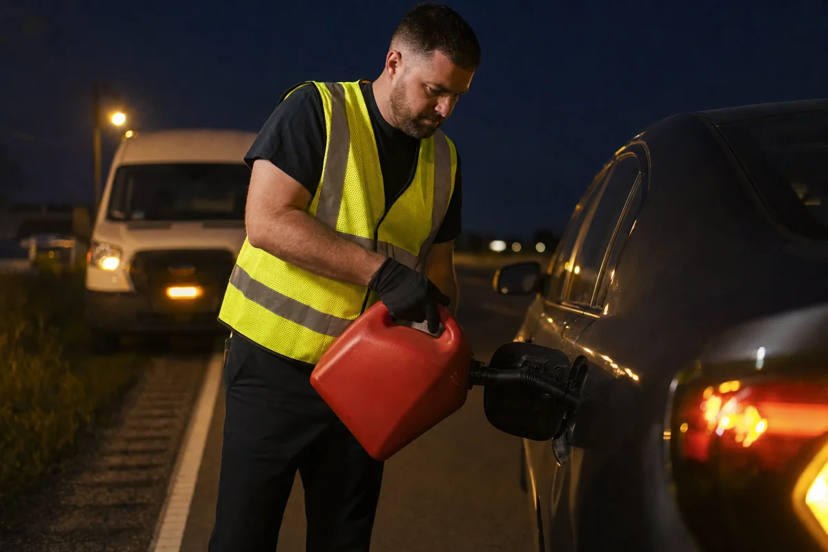 Technician delivering emergency fuel to a stranded car on the shoulder of a New Jersey road at night