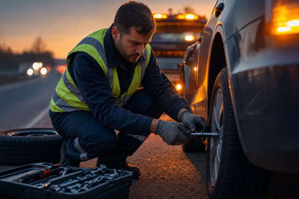 Technician changing a flat tire on the shoulder of a New Jersey road